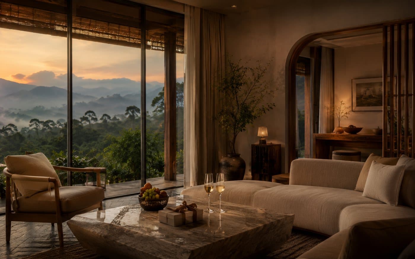 Suite cao cấp nhìn ra núi, có ly champagne và quà chào mừng — dòng Executive / Partner Collection