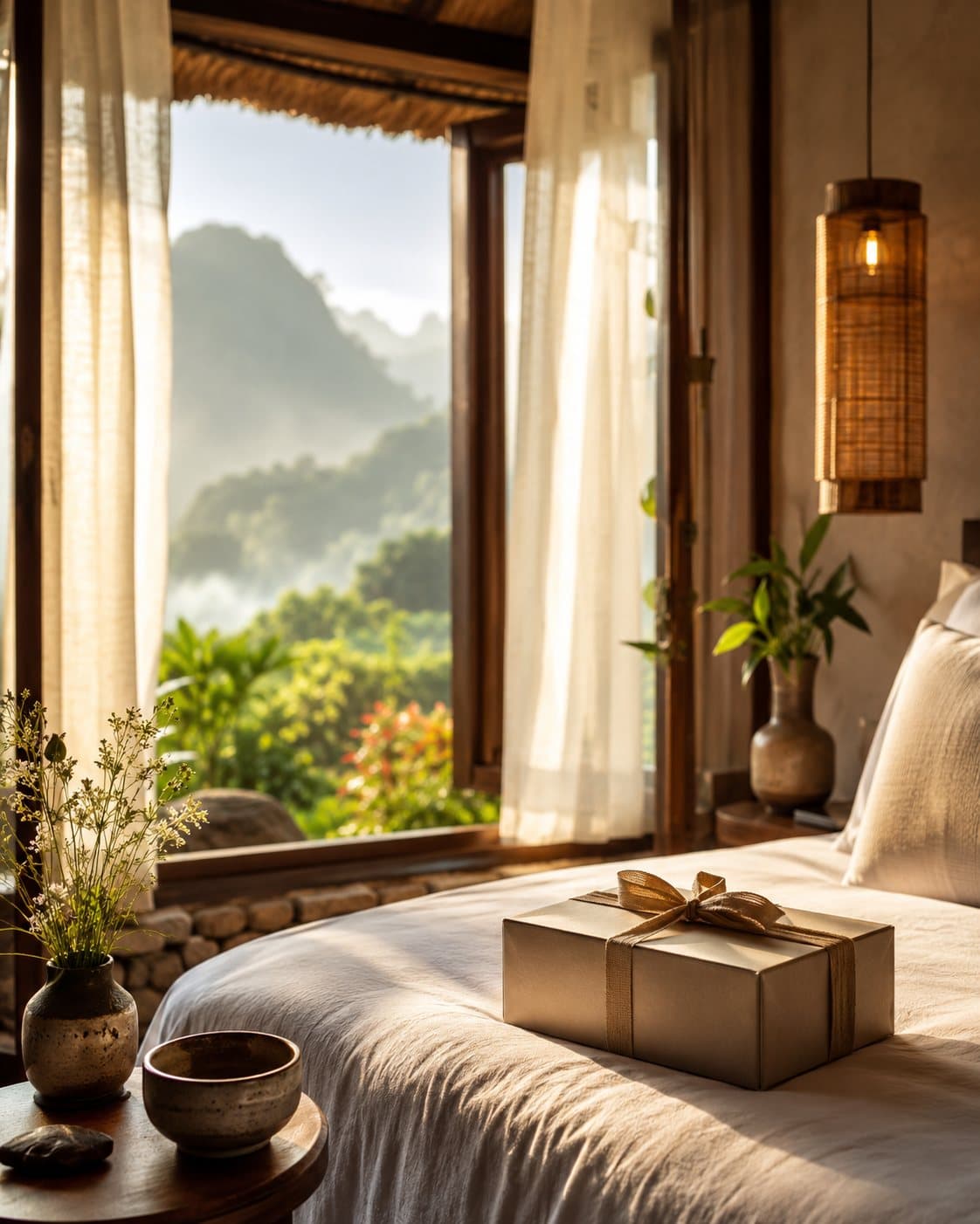 Phòng nghỉ khách sạn boutique ấm áp nhìn ra núi, có hộp quà G TREKY trên giường